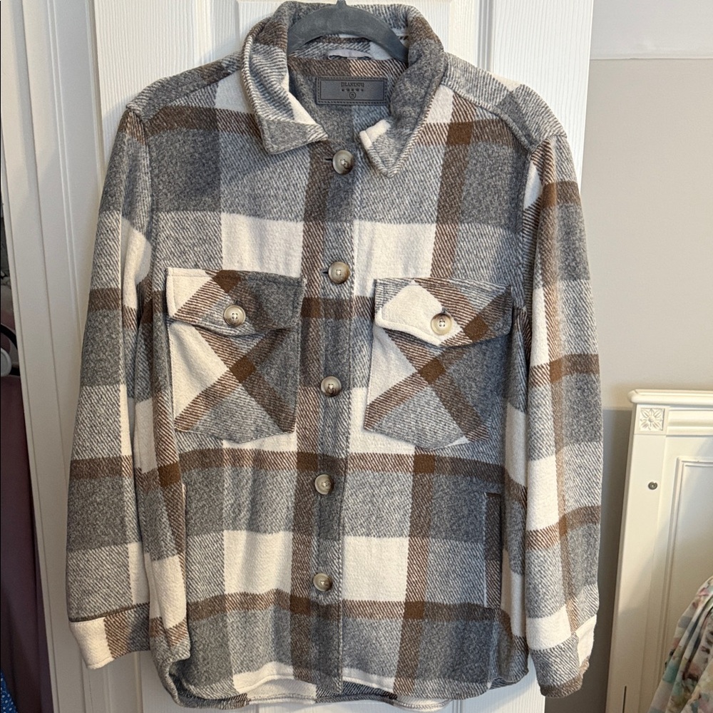 Blank NYC Women’s Plaid Jacket in Gray, White, and Brown